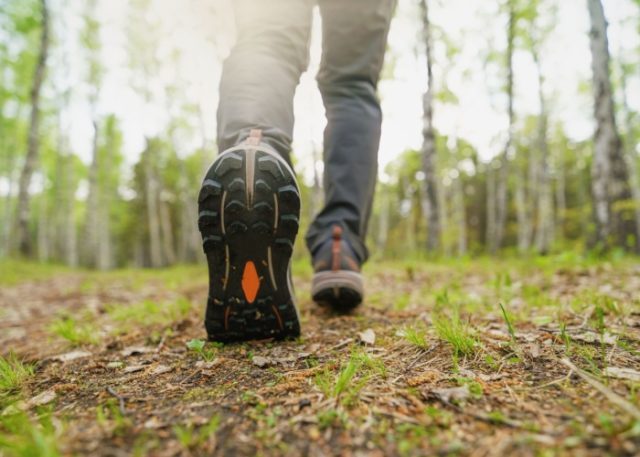 A close-up of a person walking in the woods.