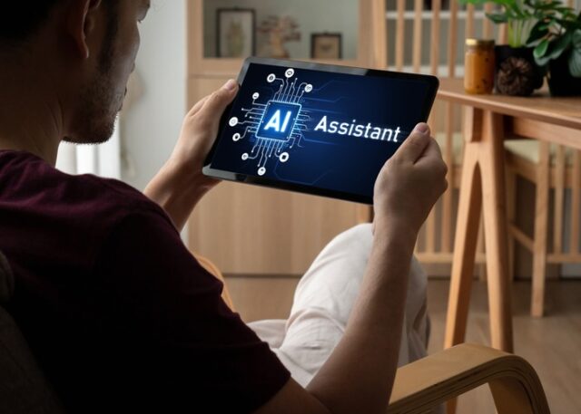 Someone using an AI assistant on a tablet.